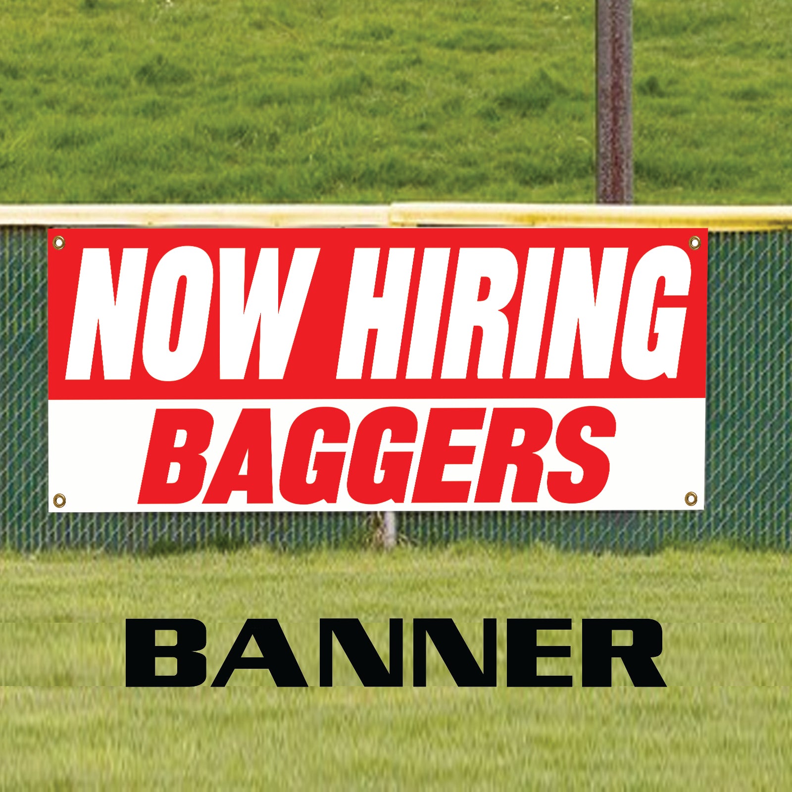 Now hiring baggers vinyl printed banner sign
