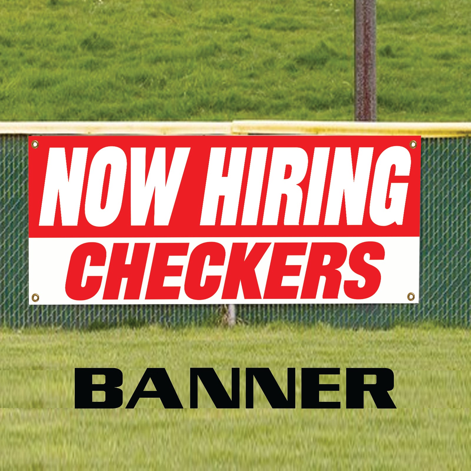 Now hiring checkers vinyl printed banner sign