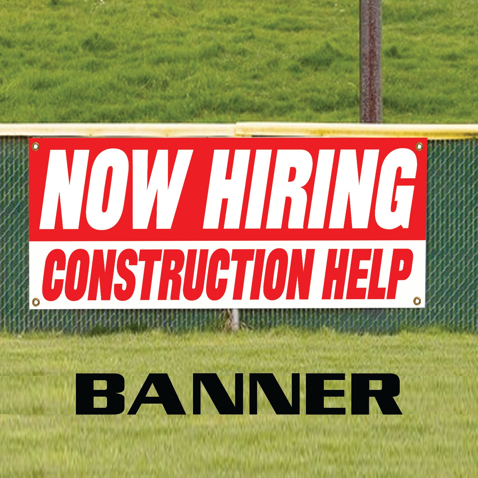 Now hiring construction help vinyl printed banner sign