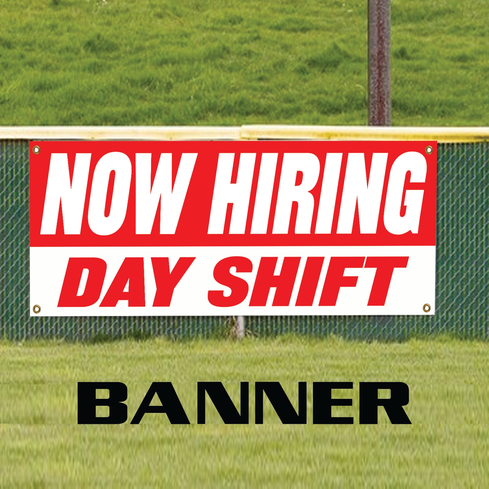 Now hiring day shift vinyl printed banner sign