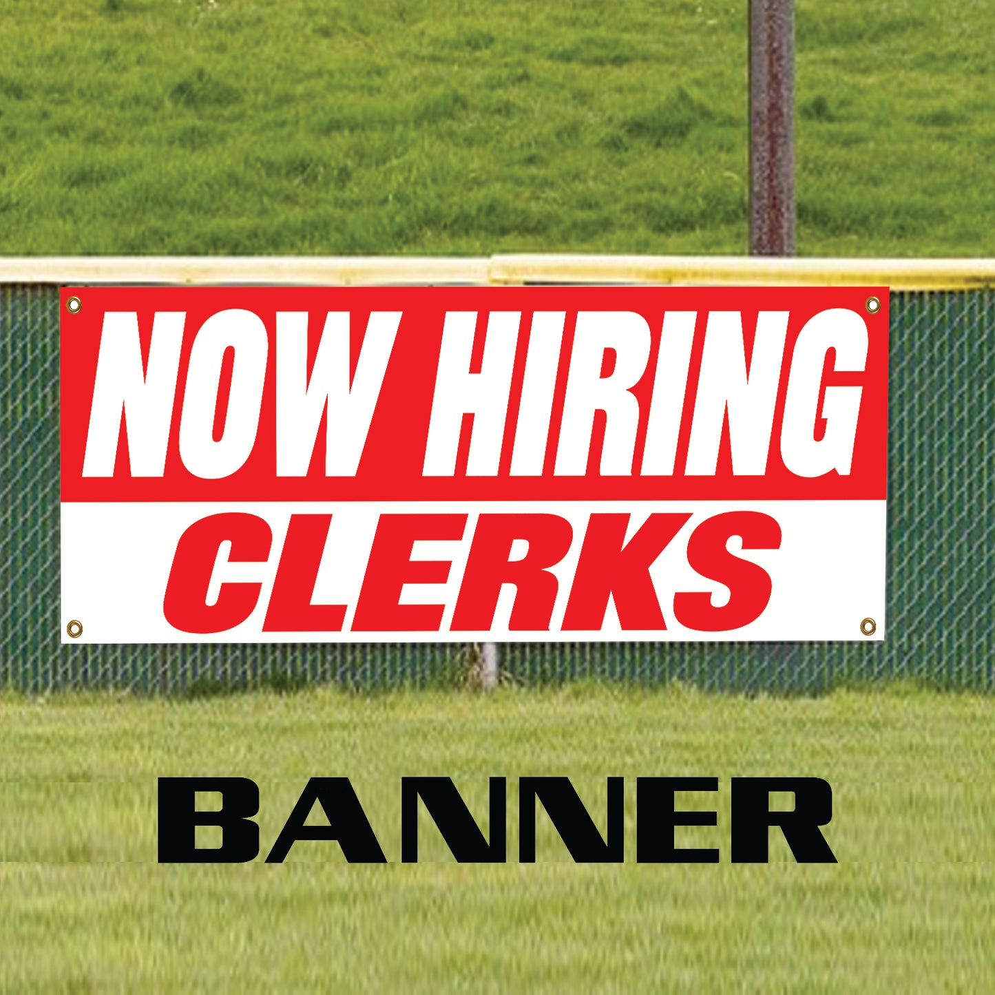 Now hiring clerks vinyl printed banner sign