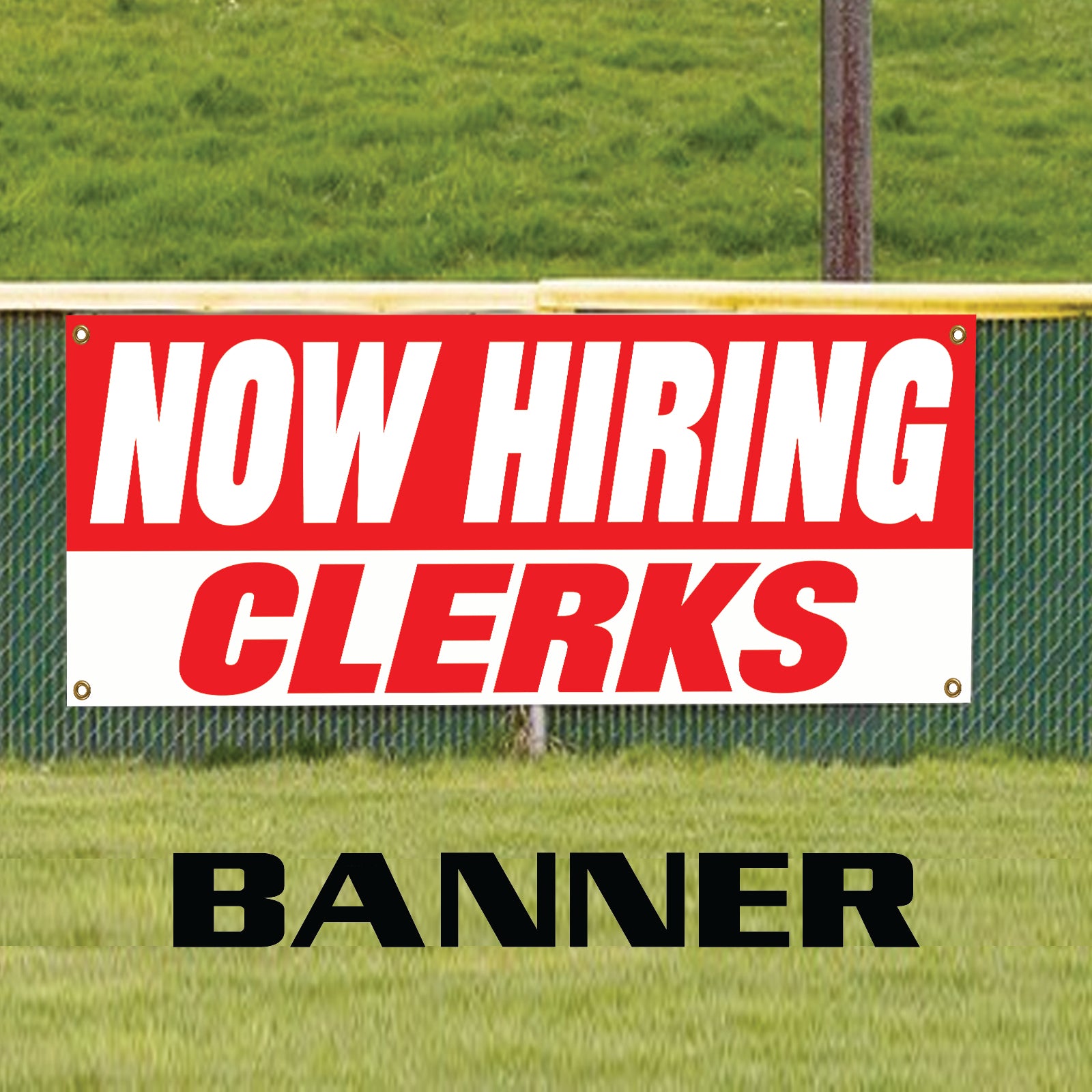 Now hiring clerks vinyl printed banner sign