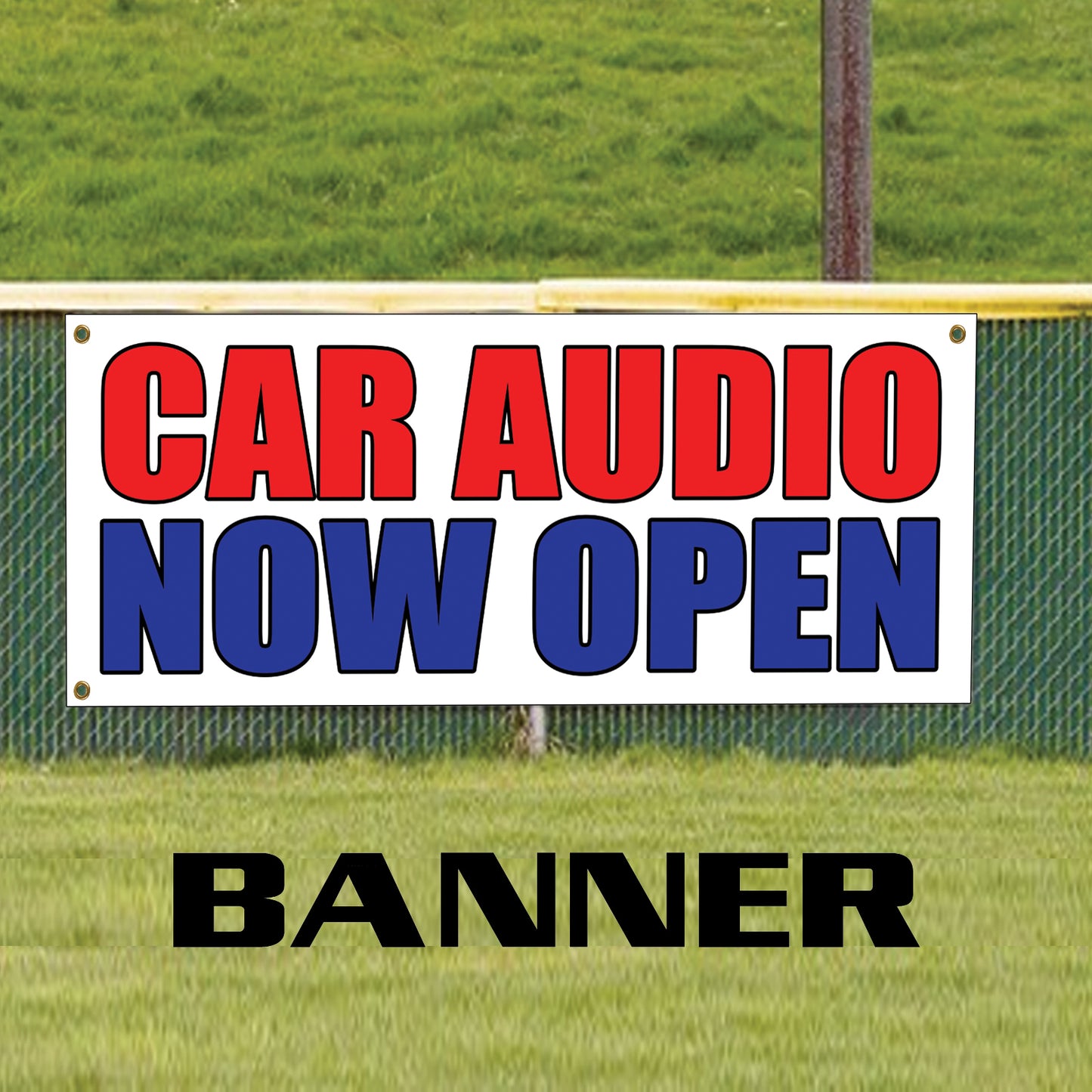 Car audio now open vinyl printed banner sign