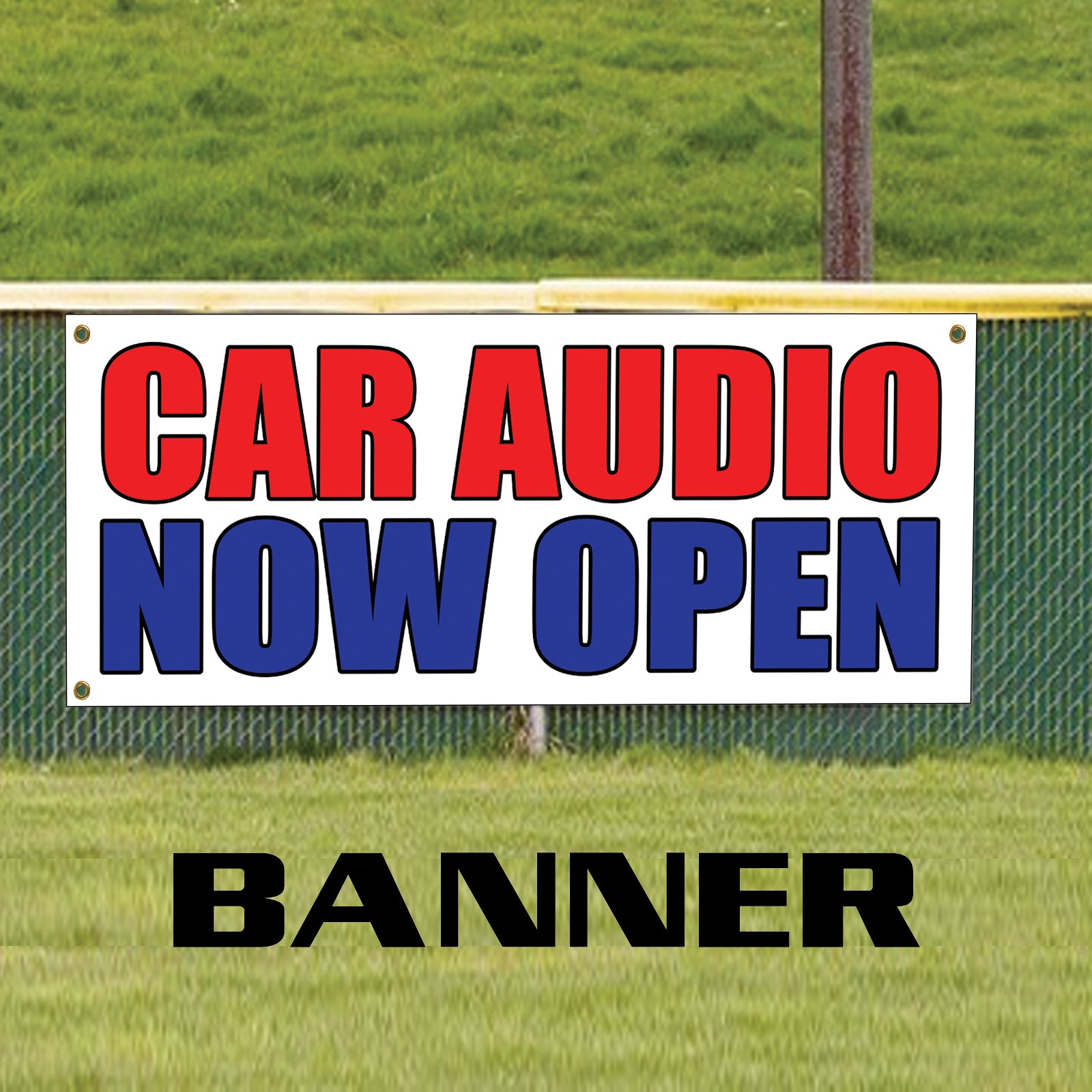 Car audio now open vinyl printed banner sign
