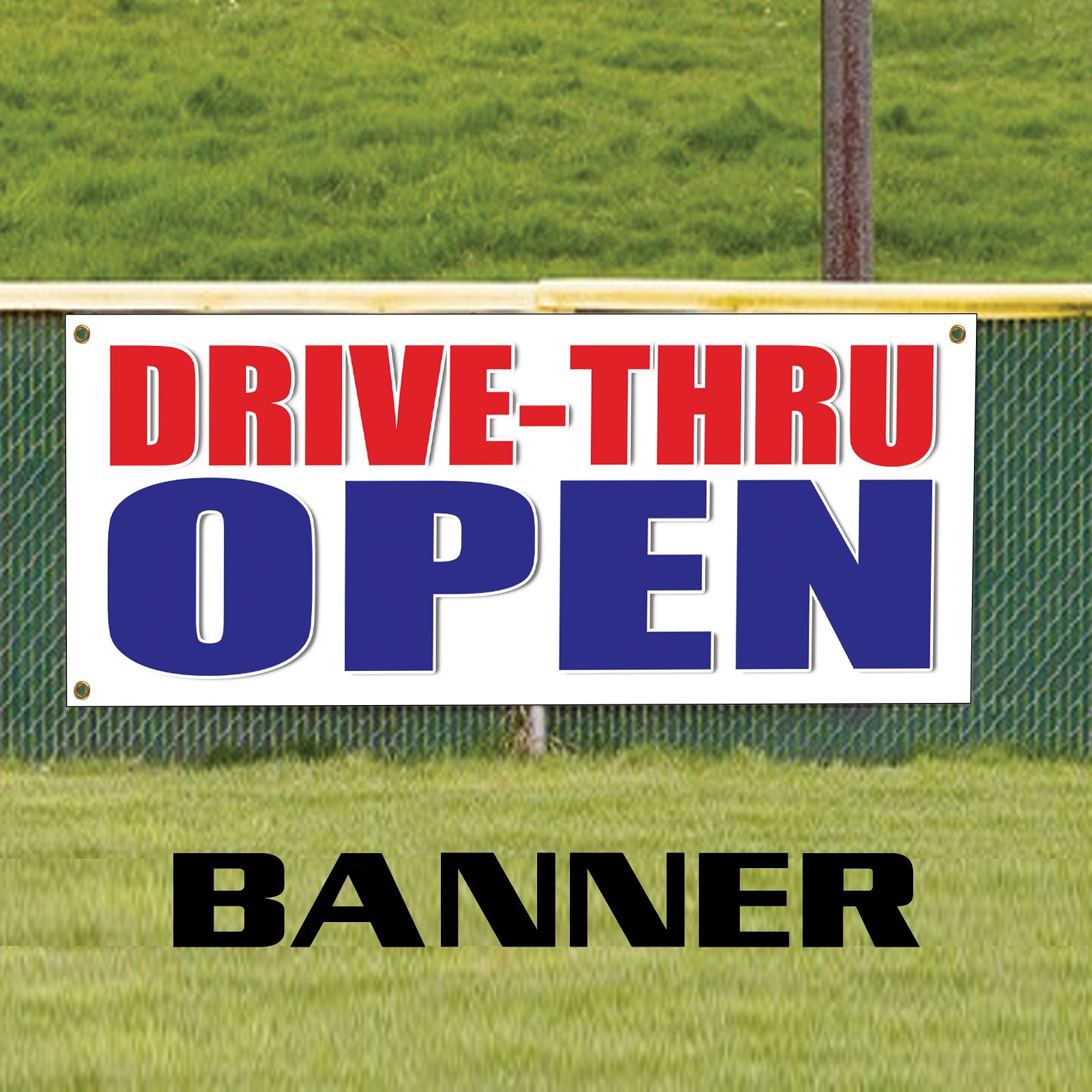 Drive thru open vinyl printed banner sign
