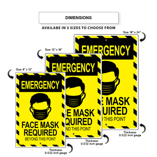 Emergency face mask required beyond this point aluminum metal sign
