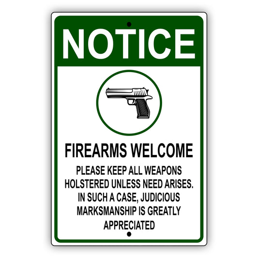 Notice firearms welcome aluminum metal sign