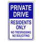 Private drive residents only no trespassing no soliciting aluminum metal sign blue
