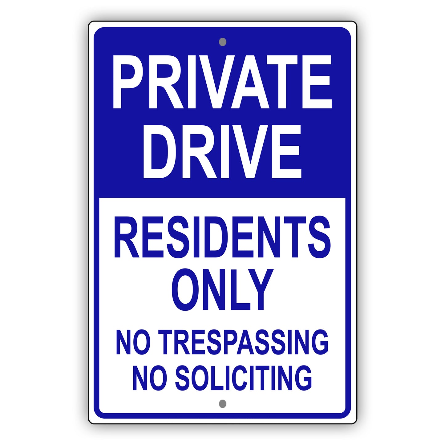 Private drive residents only no trespassing no soliciting aluminum metal sign blue