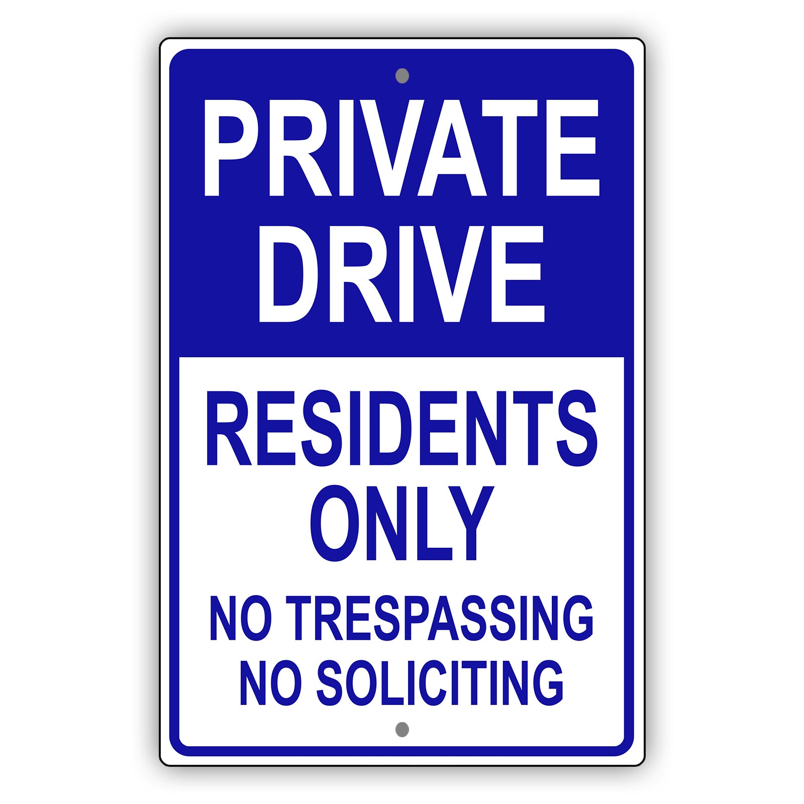 Private drive residents only no trespassing no soliciting aluminum metal sign blue