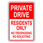 Private drive residents only no trespassing no soliciting aluminum metal sign red