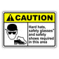Caution hard hats, safety glasses and safety shoes required in this area aluminum metal sign