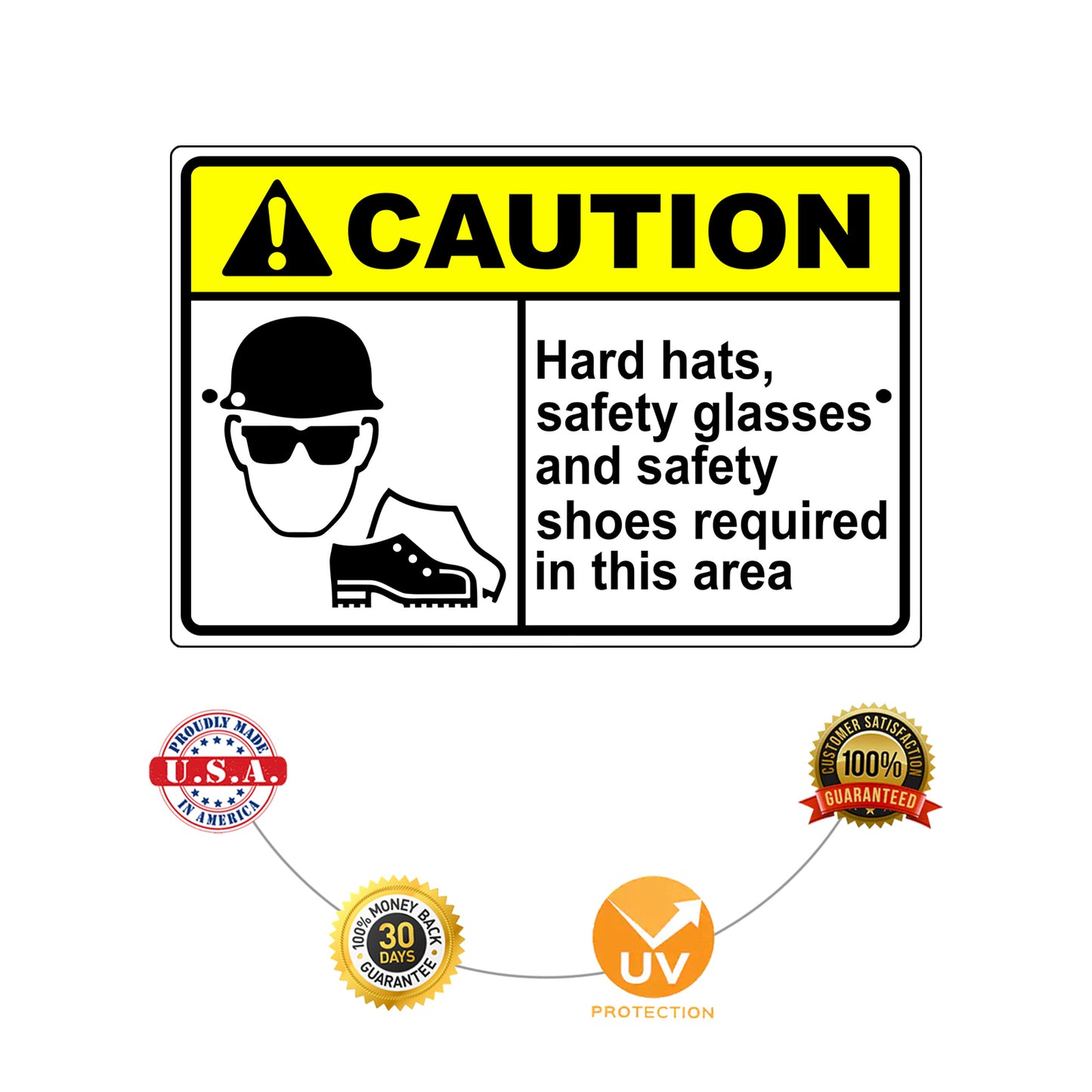 Caution hard hats, safety glasses and safety shoes required in this area aluminum metal sign