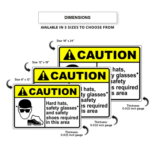 Caution hard hats, safety glasses and safety shoes required in this area aluminum metal sign