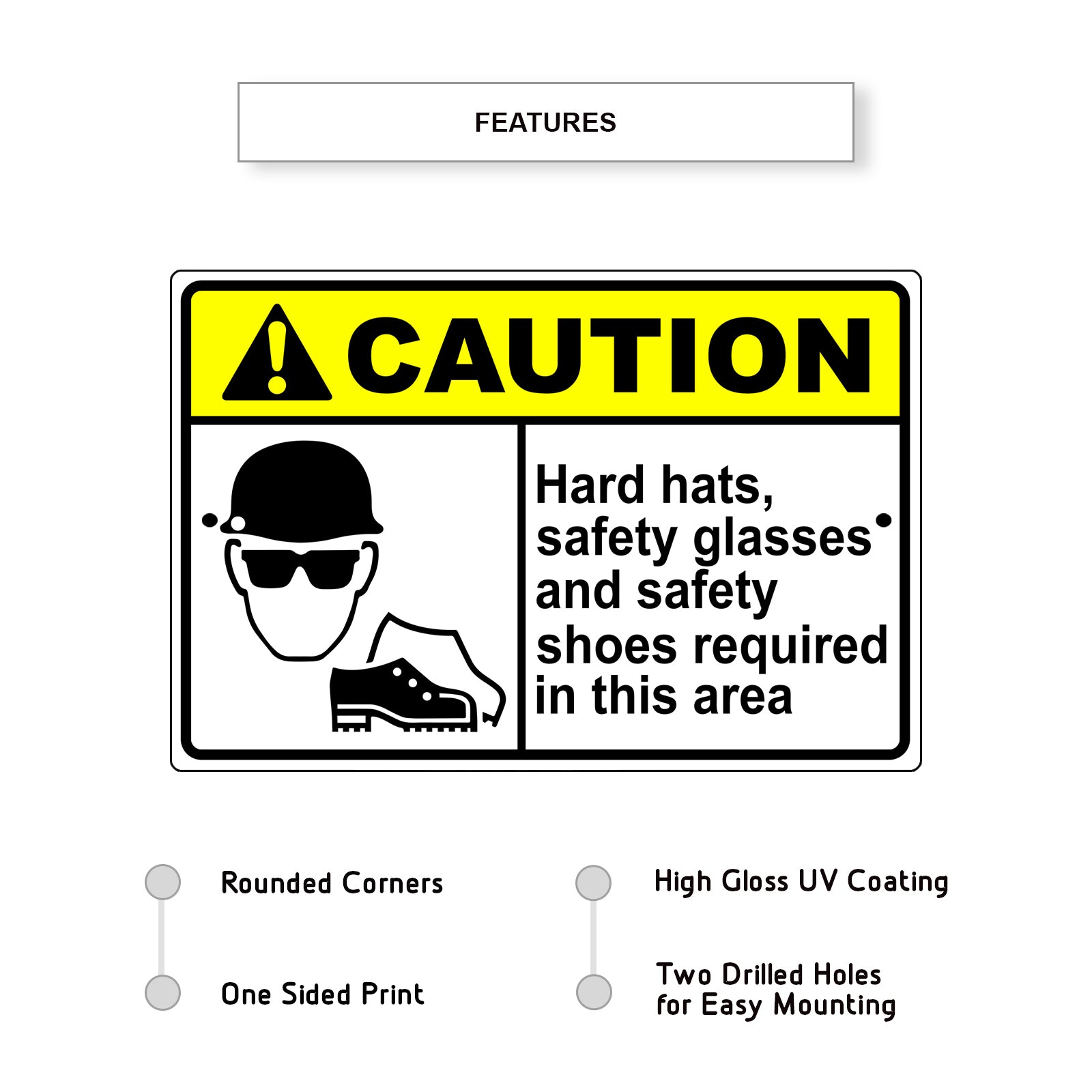 Caution hard hats, safety glasses and safety shoes required in this area aluminum metal sign