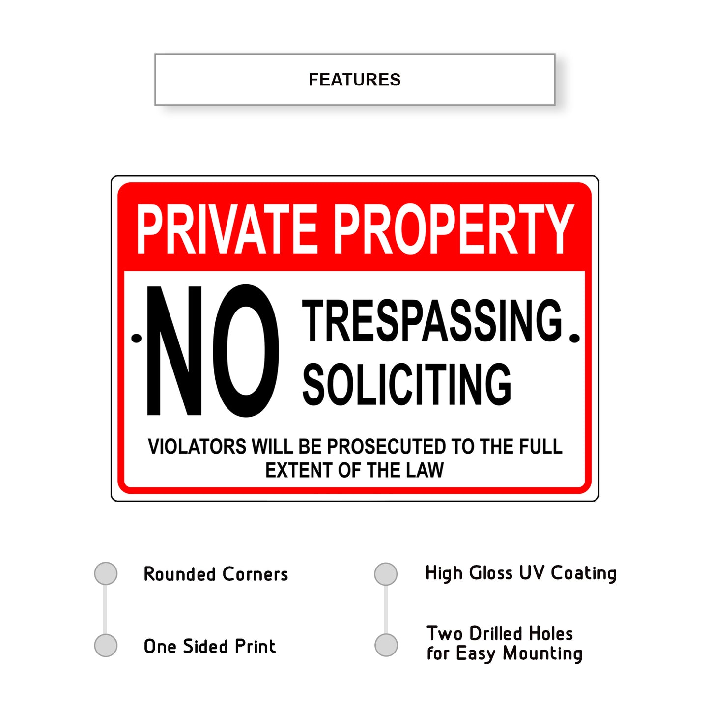 Private property no trespassing soliciting aluminum metal sign