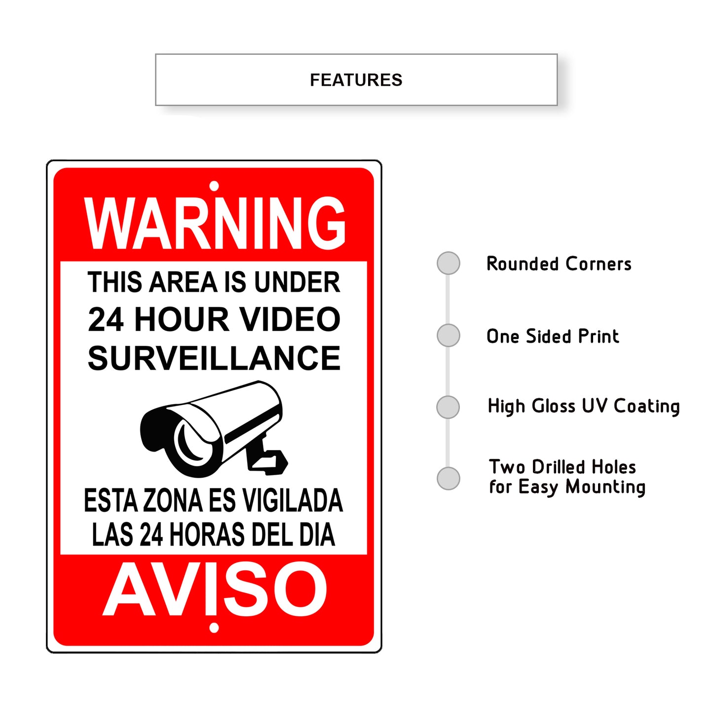 Warning This Area Is 24 Hour Under Surveillance Spanish Aluminum Metal Sign
