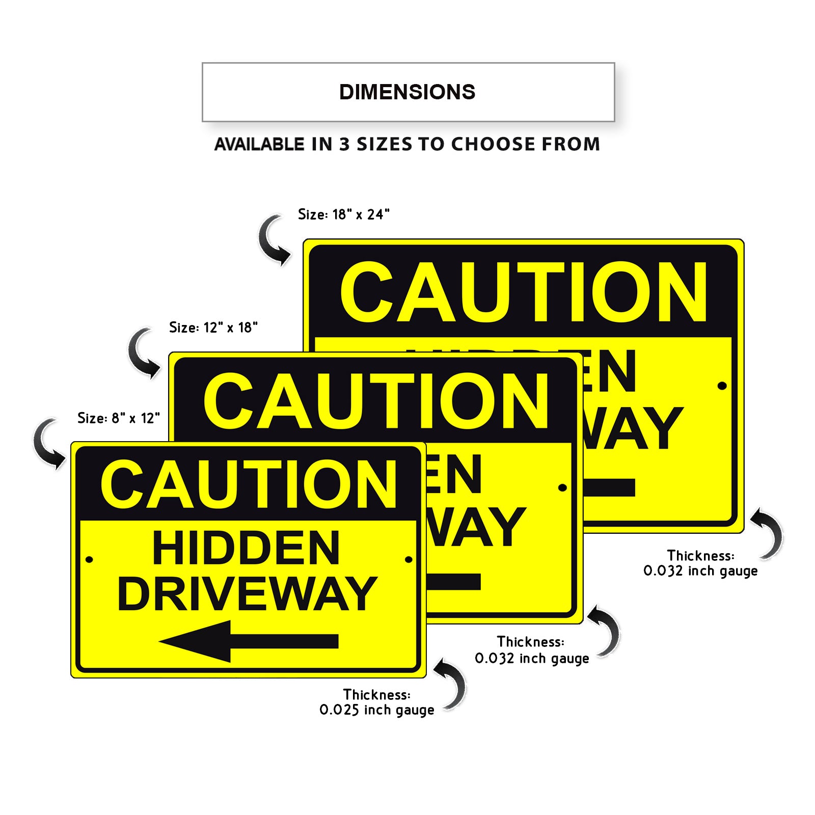 Caution hidden driveway left arrow aluminum metal sign