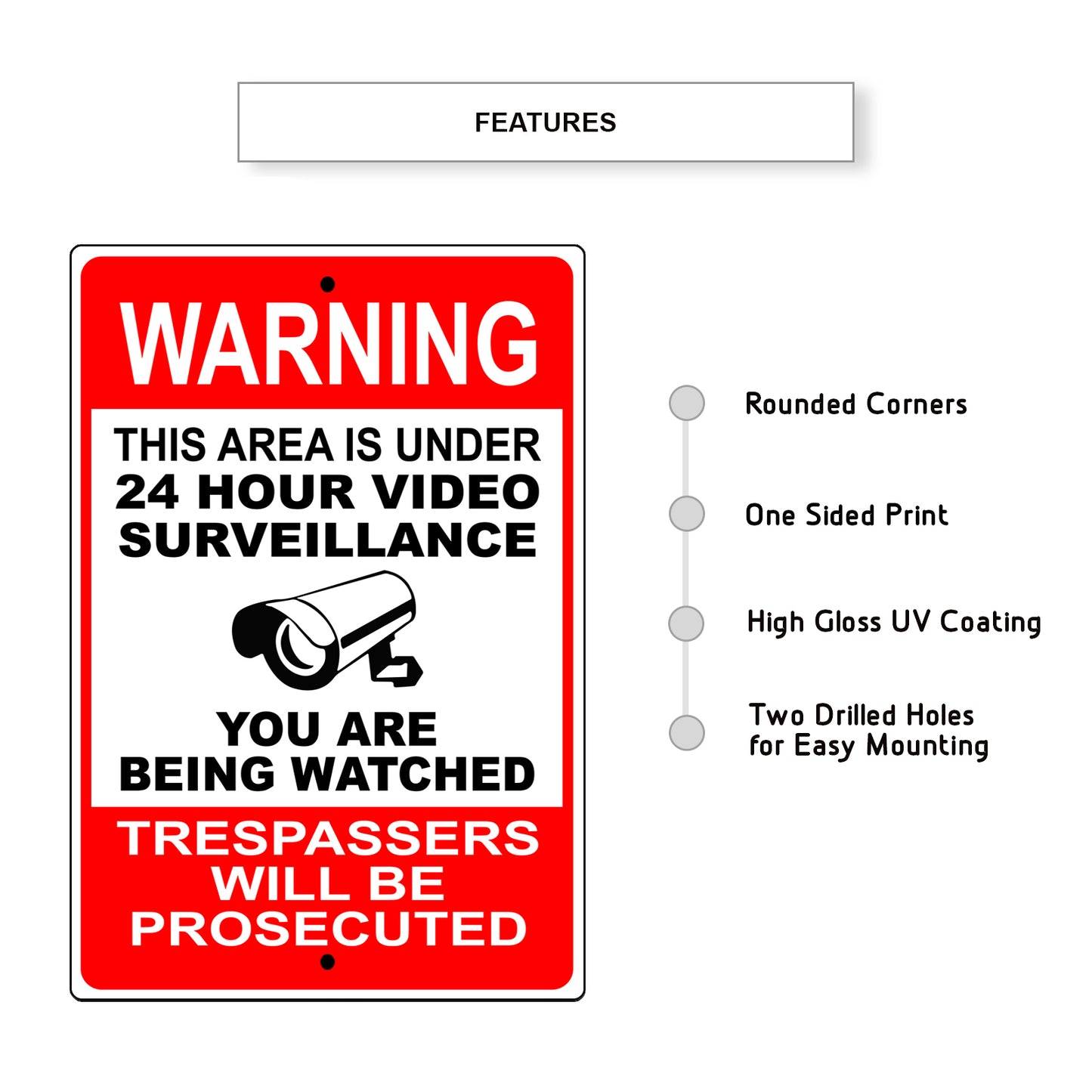 Warning this area is under 24 hour video surveillance you are being watched aluminum metal sign