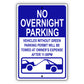 No overnight parking aluminum metal sign