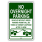 No overnight parking aluminum metal sign