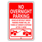 No overnight parking aluminum metal sign