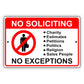 No soliciting no exceptions aluminum metal sign