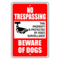 No trespassing beware of dogs aluminum metal sign