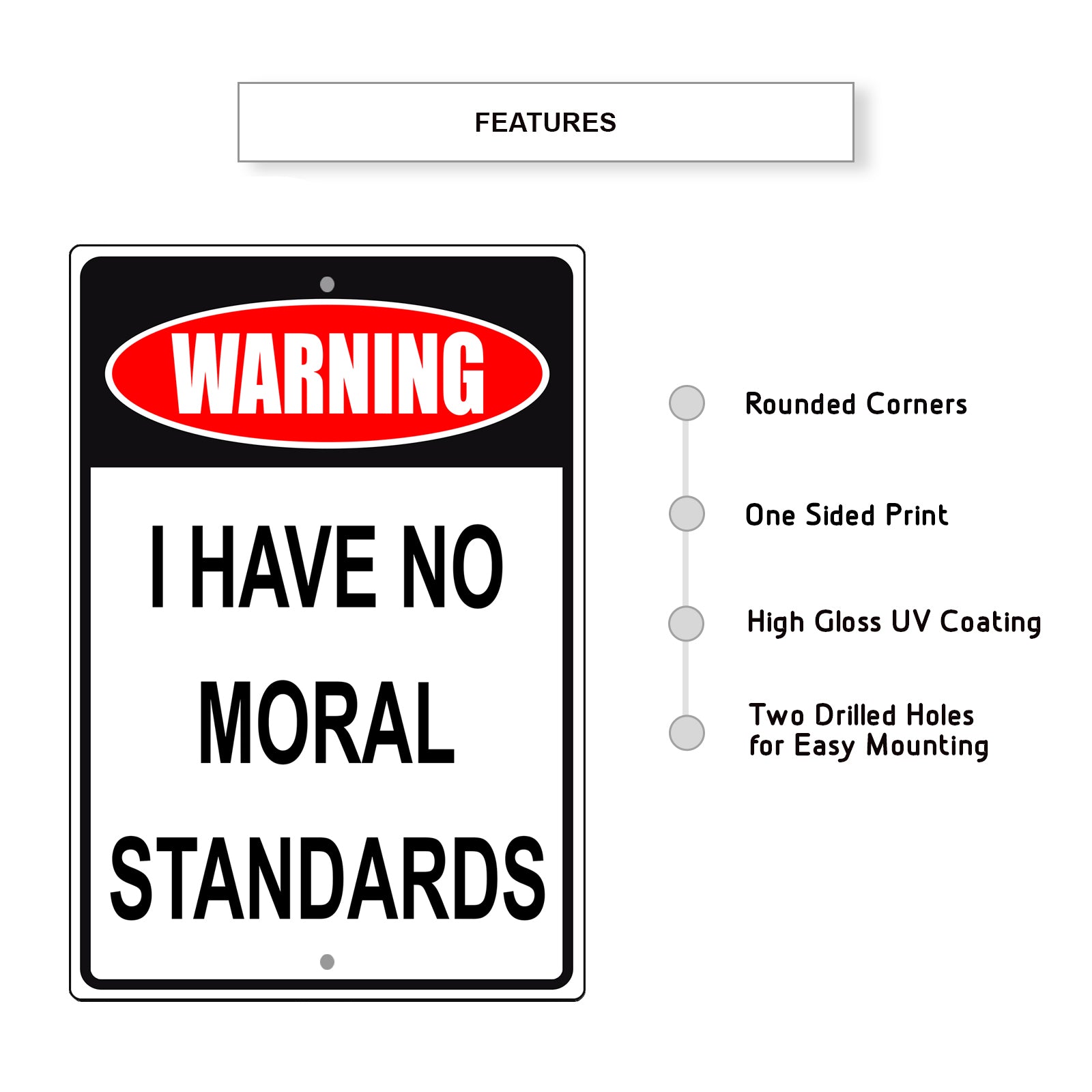 Warning I have no moral standards aluminum metal sign