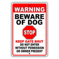 Warning Beware Of Dog Do Not Enter Without Permission Or Owner Present Aluminum Metal Sign
