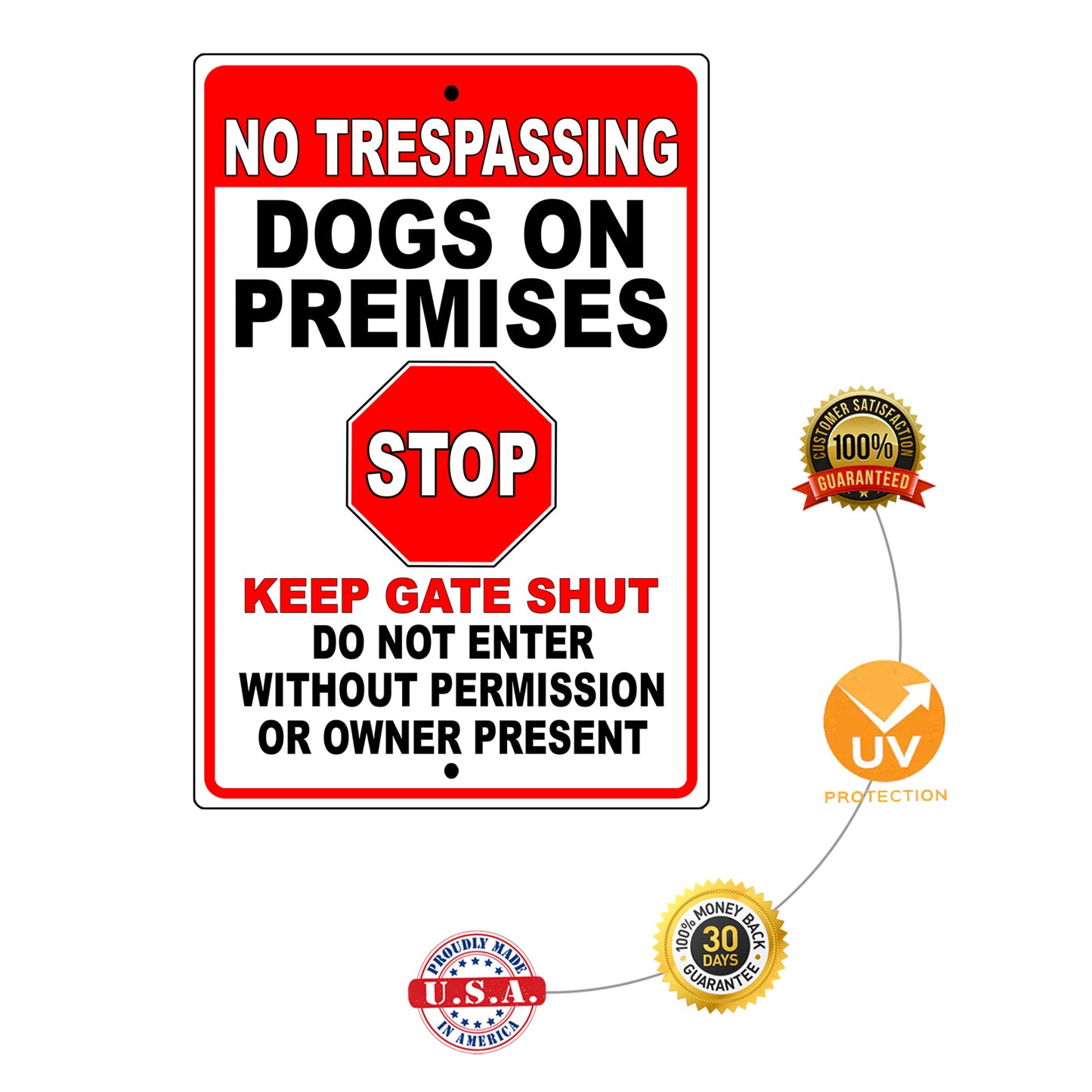 No Trespassing Dogs On Premises Stop Keep Gate Shut Aluminum Metal Sign