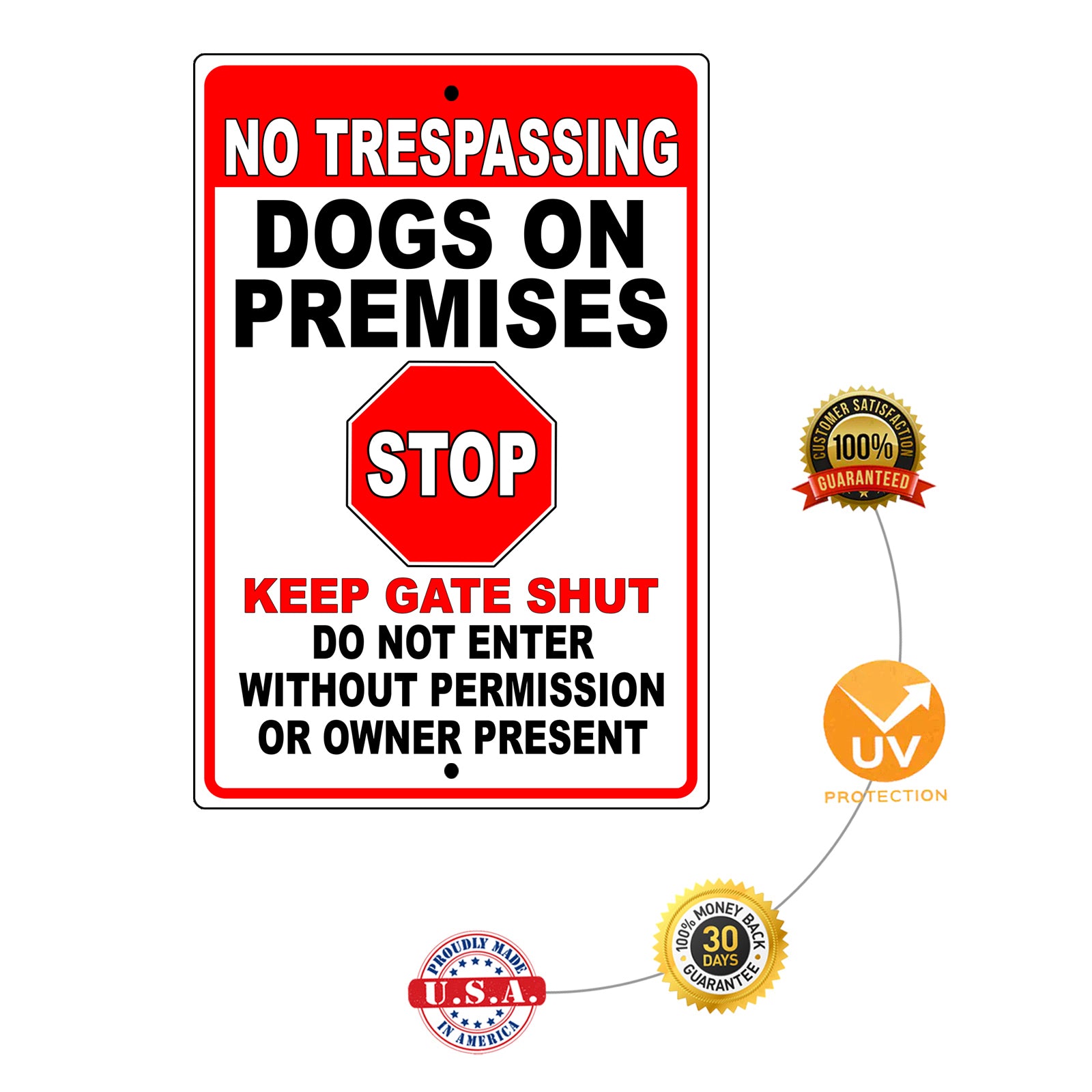 No Trespassing Dogs On Premises Stop Keep Gate Shut Aluminum Metal Sign