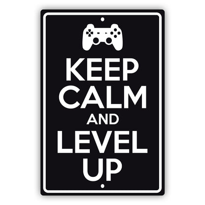 Keep calm and level up aluminum metal sign