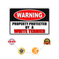 Warning property protected by a white terrier aluminum metal sign