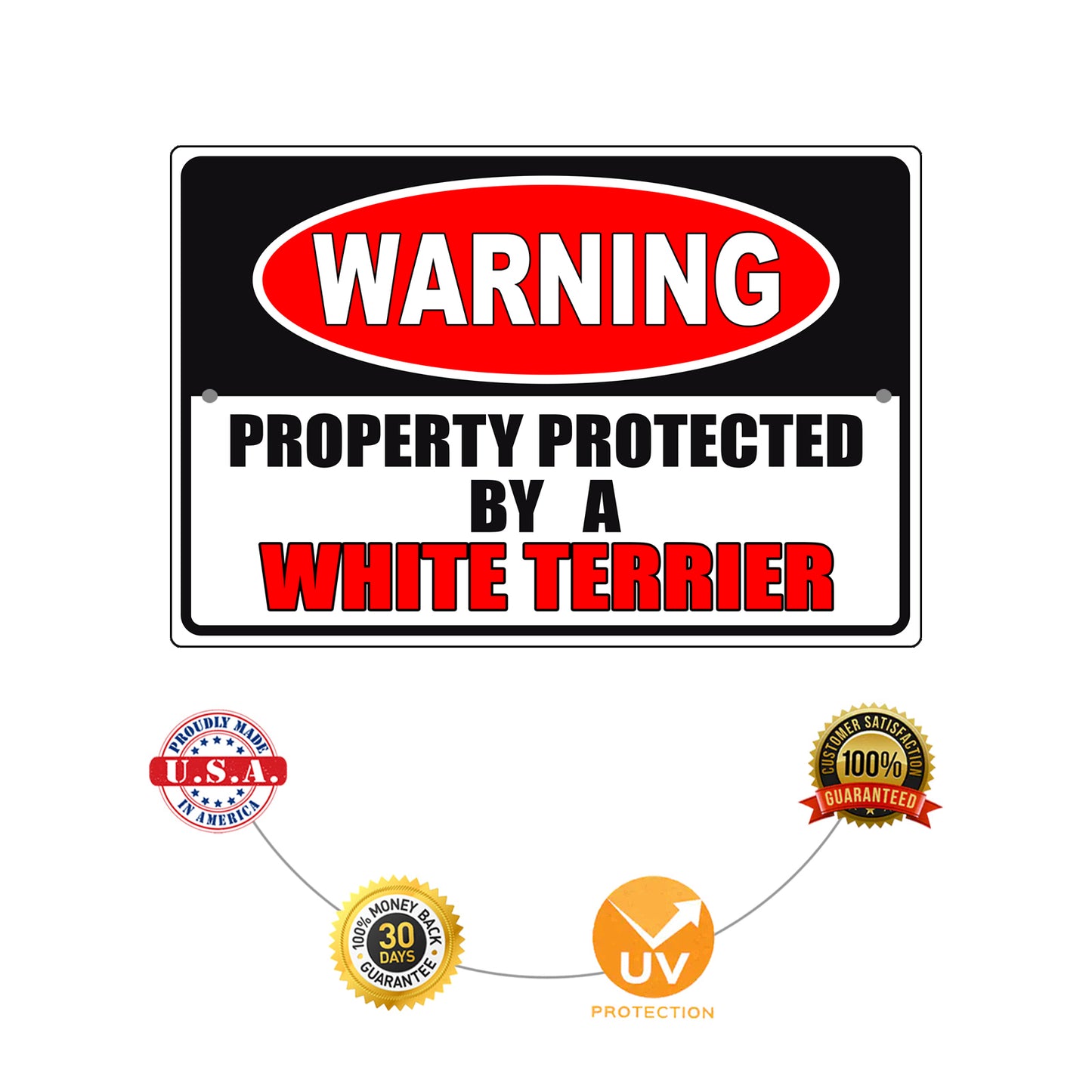 Warning property protected by a white terrier aluminum metal sign