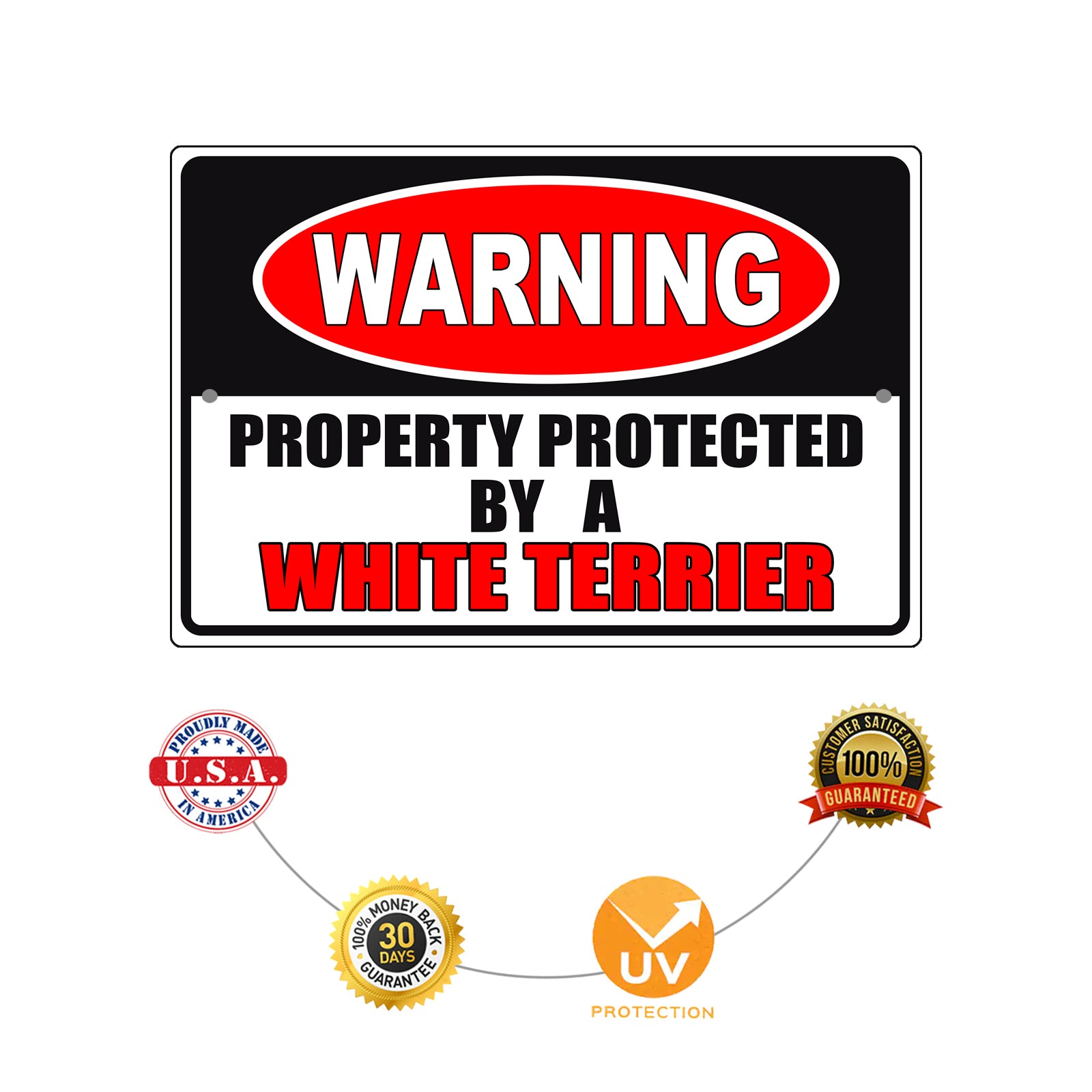 Warning property protected by a white terrier aluminum metal sign