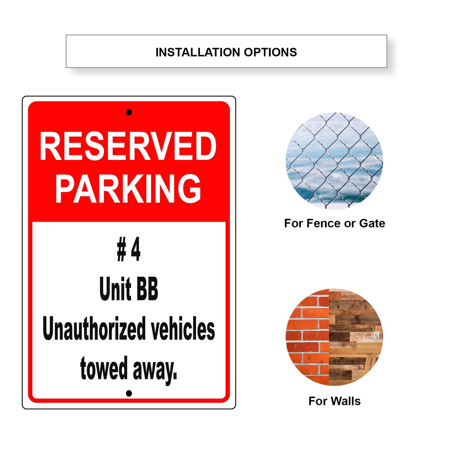 Reserved parking #4 unit bb unauthorized vehicles towed away aluminum metal sign
