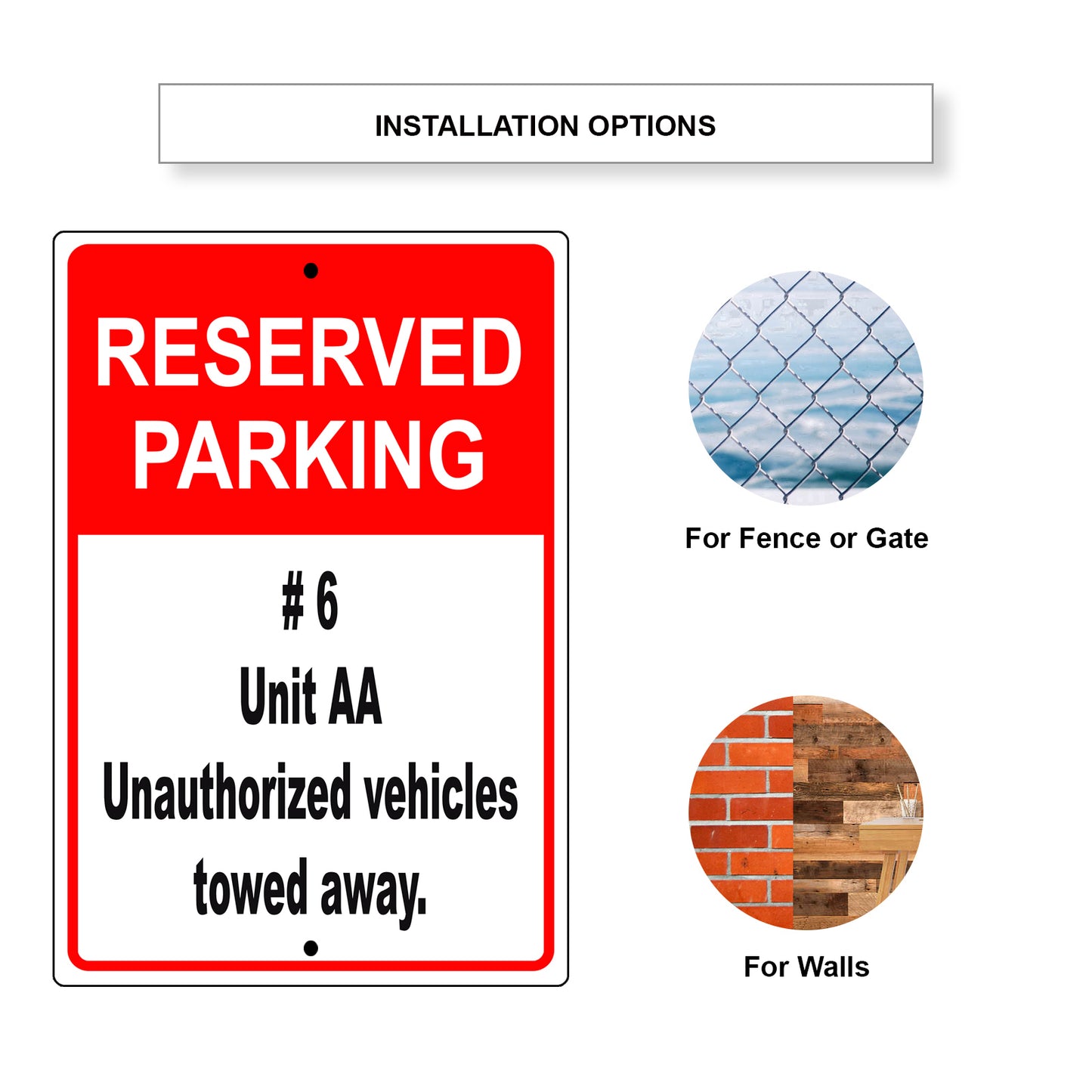 Reserved parking #6 unit aa unauthorized vehicles towed away aluminum metal sign