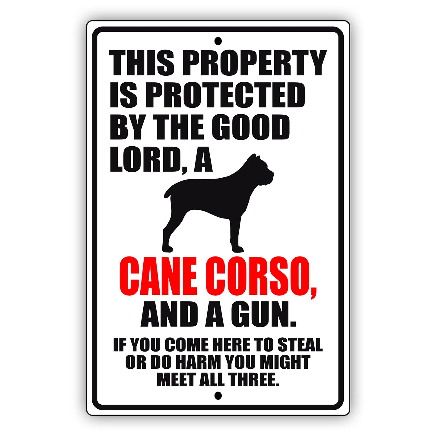 This property is protected by the good lord a cane corso and a gun aluminum metal sign