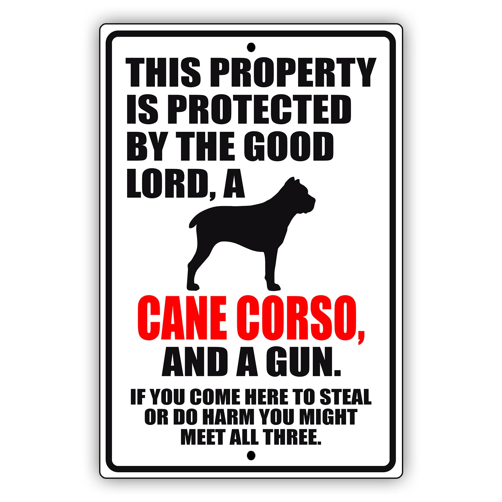 This property is protected by the good lord a cane corso and a gun aluminum metal sign
