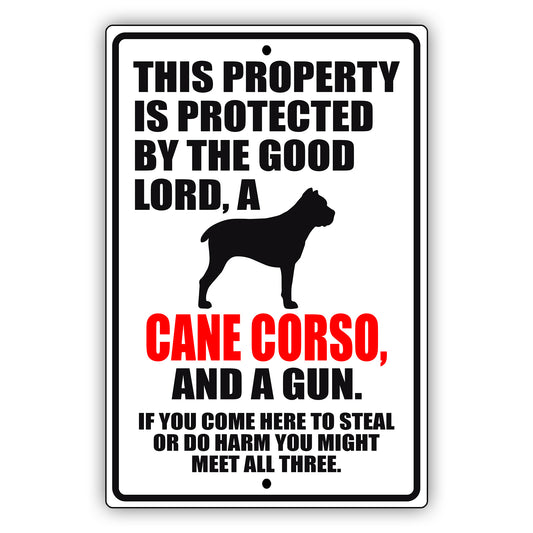 This property is protected by the good lord a cane corso and a gun aluminum metal sign