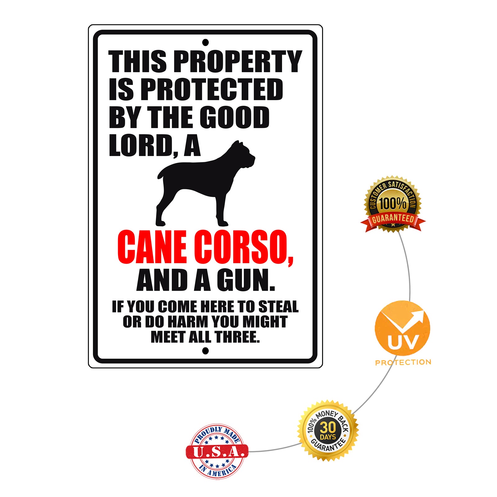 This property is protected by the good lord a cane corso and a gun aluminum metal sign
