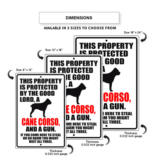 This property is protected by the good lord a cane corso and a gun aluminum metal sign