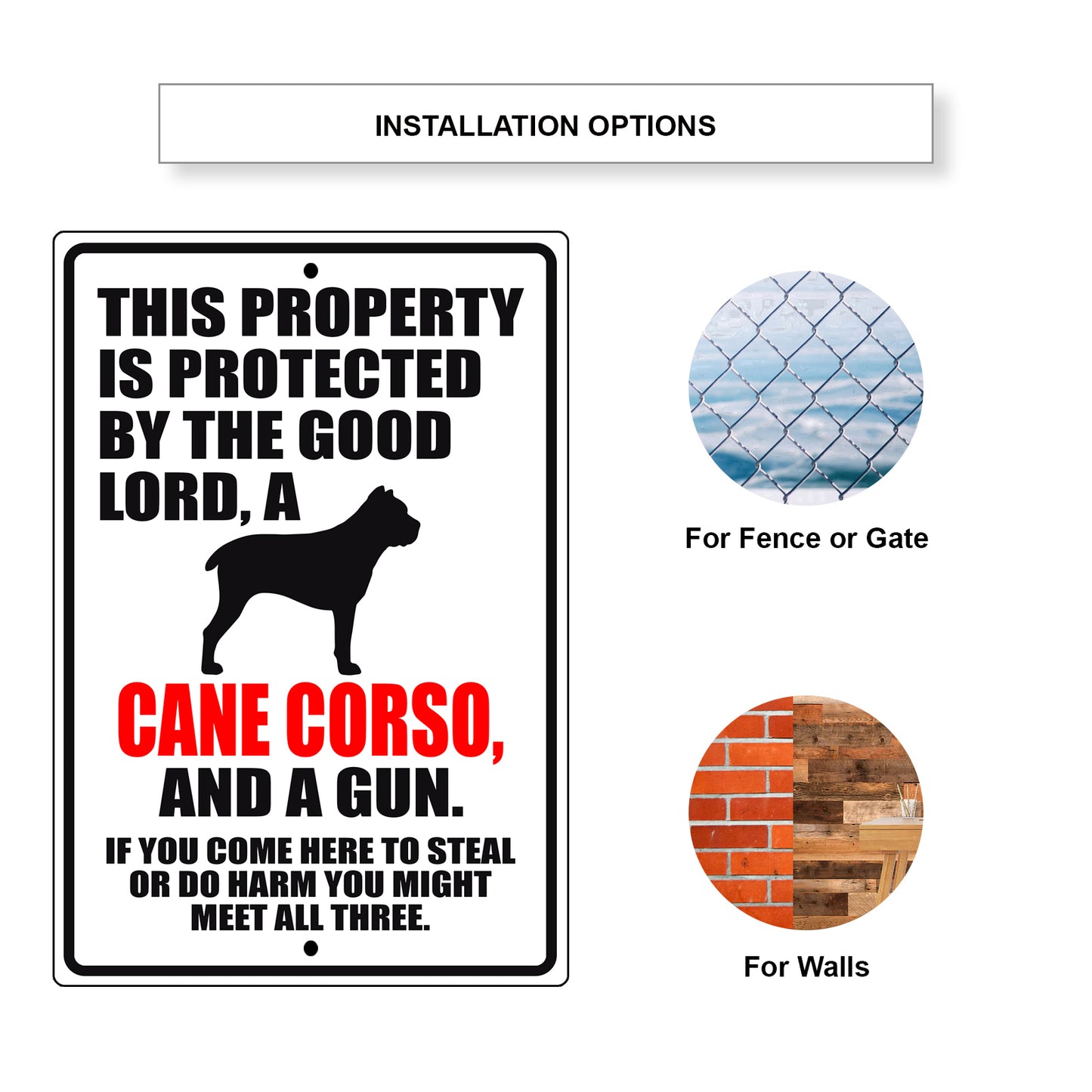 This property is protected by the good lord a cane corso and a gun aluminum metal sign