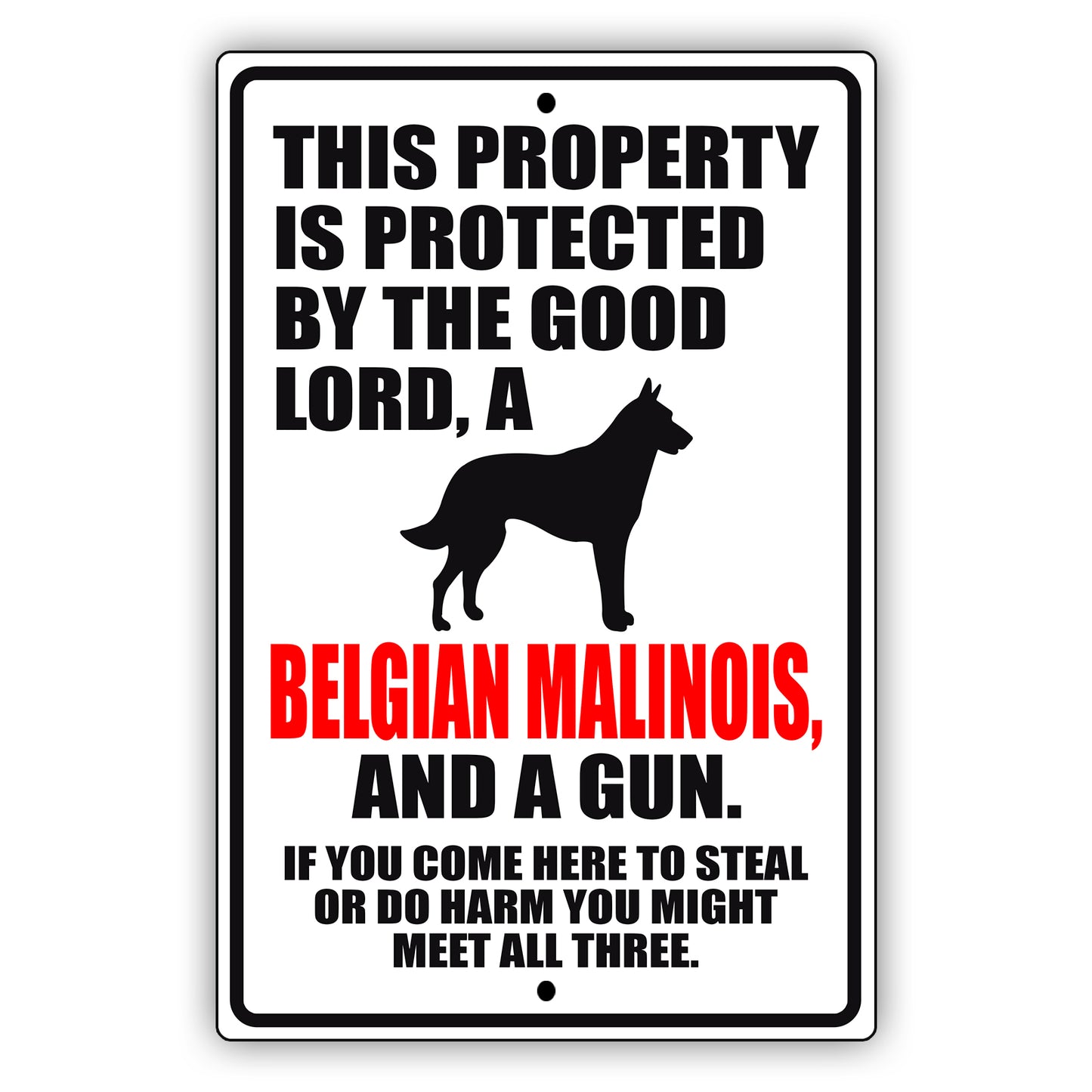This property is protected by the good lord a belgian malinois and a gun aluminum metal sign