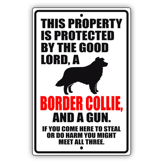 This property is protected by the good lord a border collie and a gun aluminum metal sign
