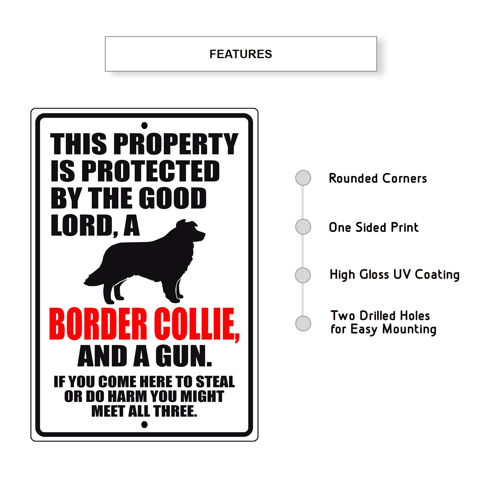 This property is protected by the good lord a border collie and a gun aluminum metal sign