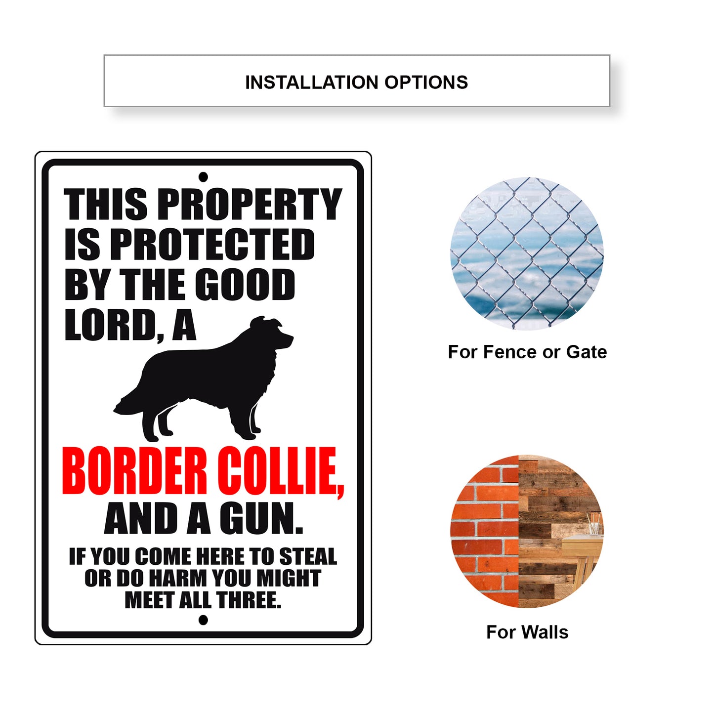 This property is protected by the good lord a border collie and a gun aluminum metal sign