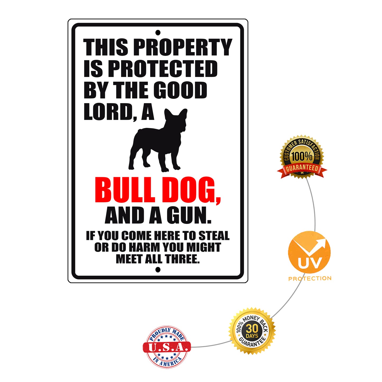 This property is protected by the good lord a bull dog and a gun aluminum metal sign