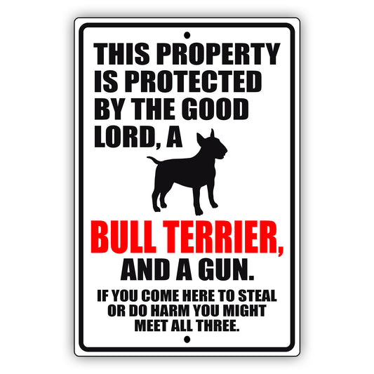 This property is protected by the good lord a bull terrier and a gun aluminum metal sign